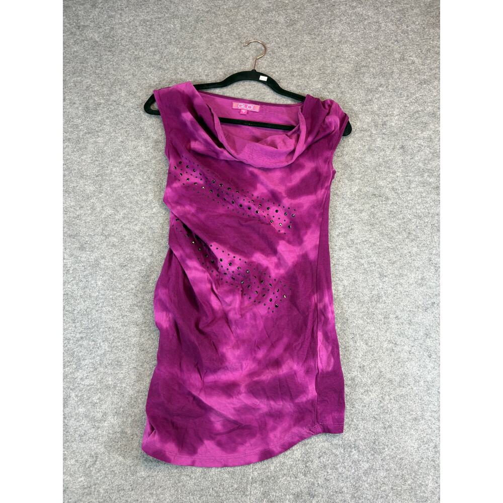 Glo Jeans Tunic Top Womens Small Purple Magenta Tie Dye Cowl Neck Rhinestone Y2K